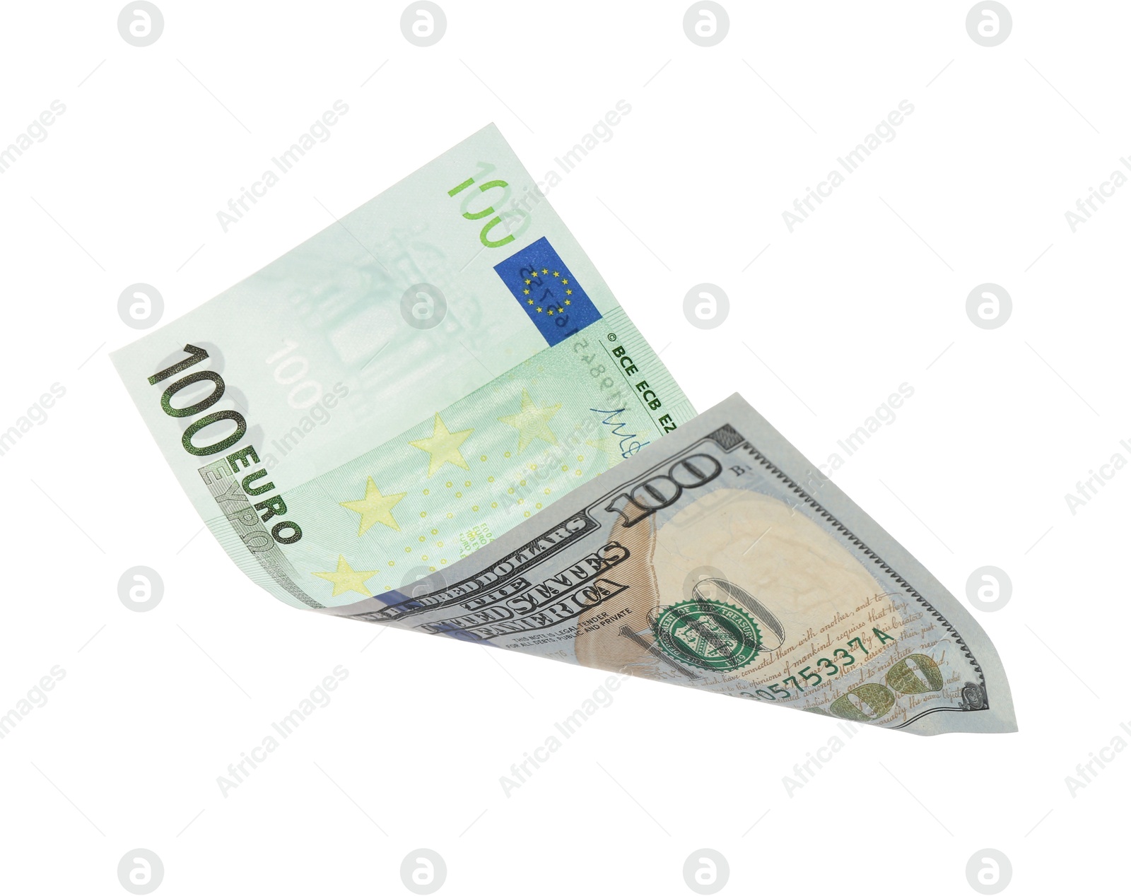 Image of Money exchange. Euro banknote on one side and dollar on other against white background