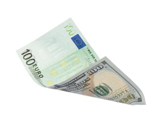Image of Money exchange. Euro banknote on one side and dollar on other against white background