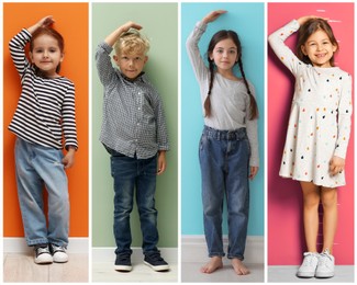 Image of Cute children measuring their heights near colorful walls, collage of portraits