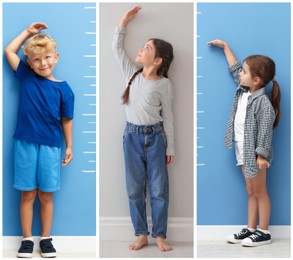 Image of Cute children measuring their heights near colorful walls, collage of portraits