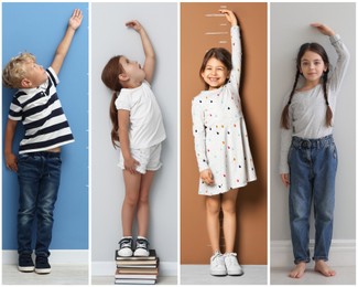 Image of Cute children measuring their heights near colorful walls, collage of portraits