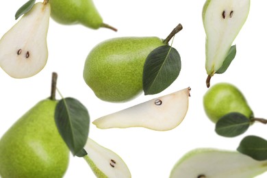 Image of Fresh green pears flying in air on white background