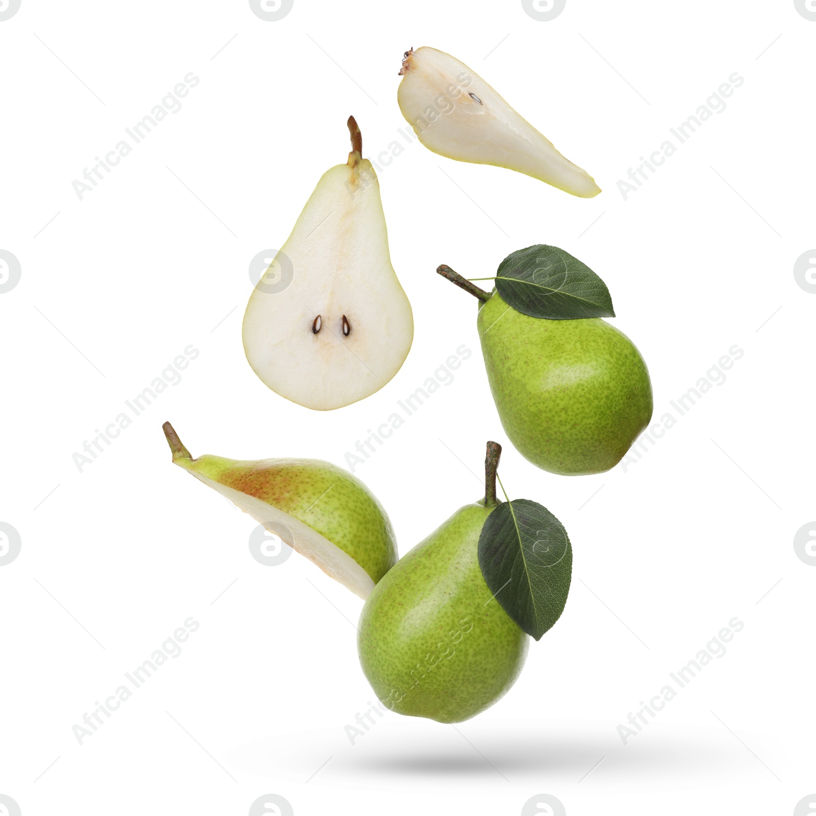 Image of Fresh green pears flying in air on white background
