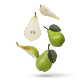 Image of Fresh green pears flying in air on white background