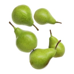 Image of Fresh green pears flying in air on white background