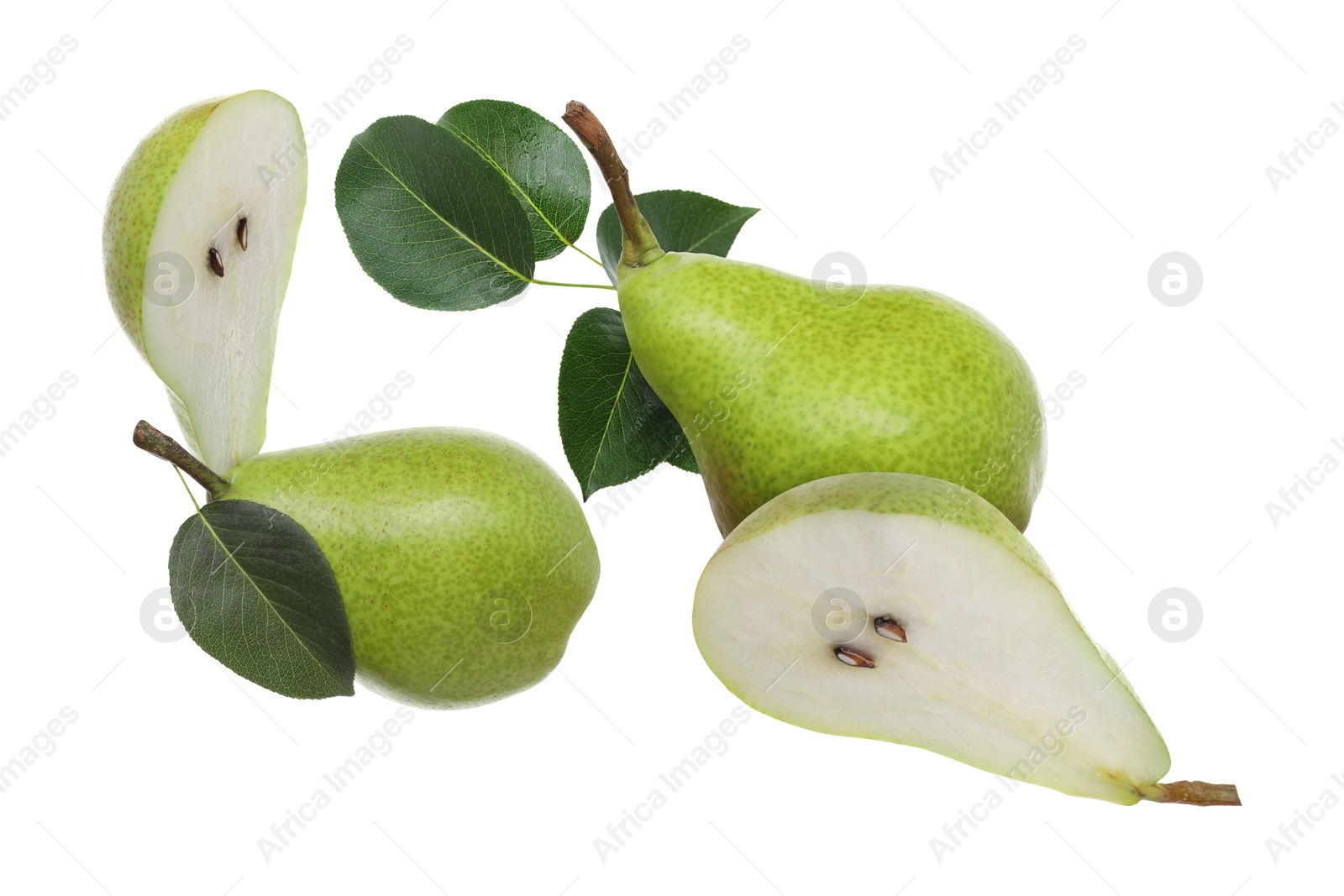 Image of Fresh green pears flying in air on white background
