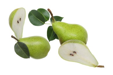 Image of Fresh green pears flying in air on white background