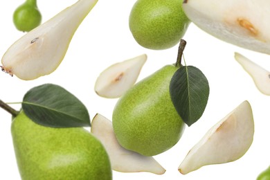 Image of Fresh green pears flying in air on white background