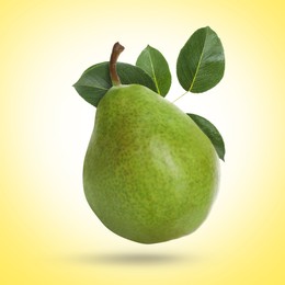 Image of Fresh green pear flying in air on yellow background