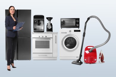 Image of Saleswoman and home appliances on color gradient background