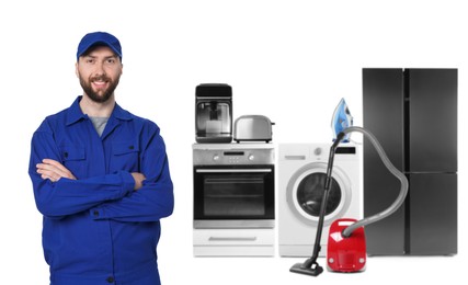 Image of Repair technician and home appliances on white background