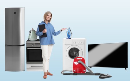 Image of Saleswoman and home appliances on color gradient background