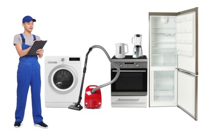 Image of Repair technician and home appliances on white background