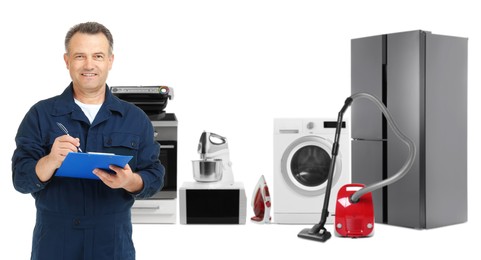 Image of Repair technician and home appliances on white background