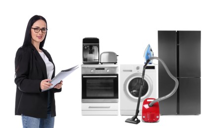 Image of Saleswoman and home appliances on white background