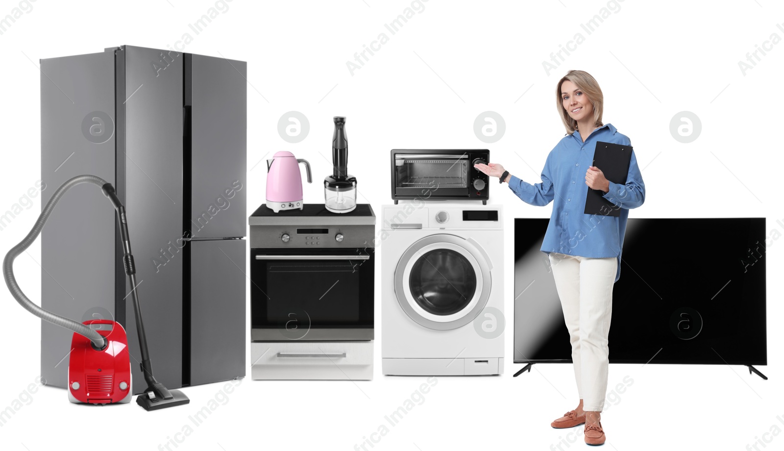 Image of Saleswoman and home appliances on white background