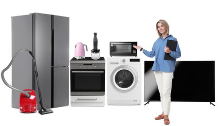 Image of Saleswoman and home appliances on white background