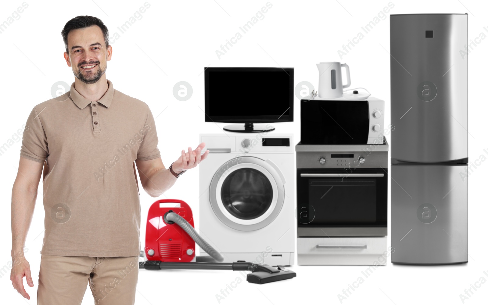 Image of Salesman and home appliances on white background