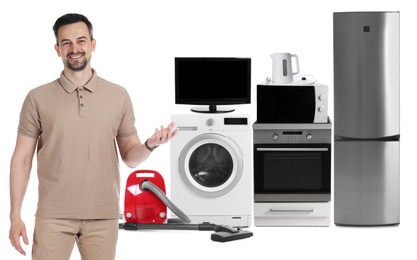 Image of Salesman and home appliances on white background