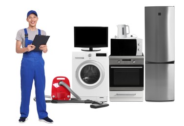 Image of Repair technician and home appliances on white background