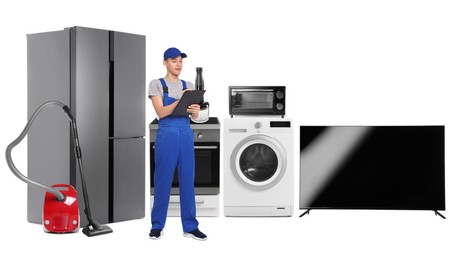 Image of Repair technician and home appliances on white background
