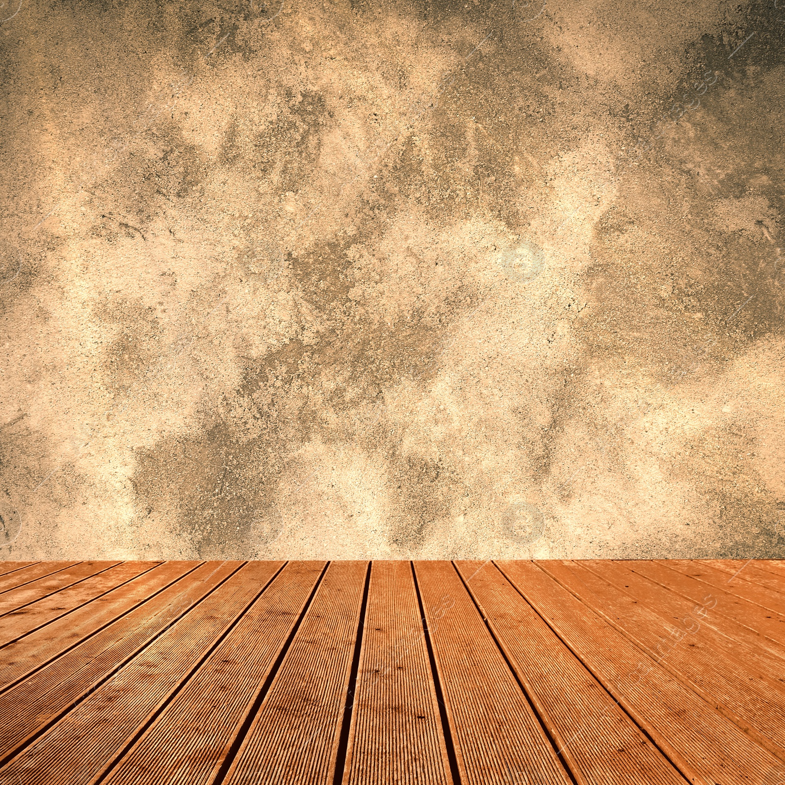 Image of Empty wooden floor and beige grey textured wall. Space for design