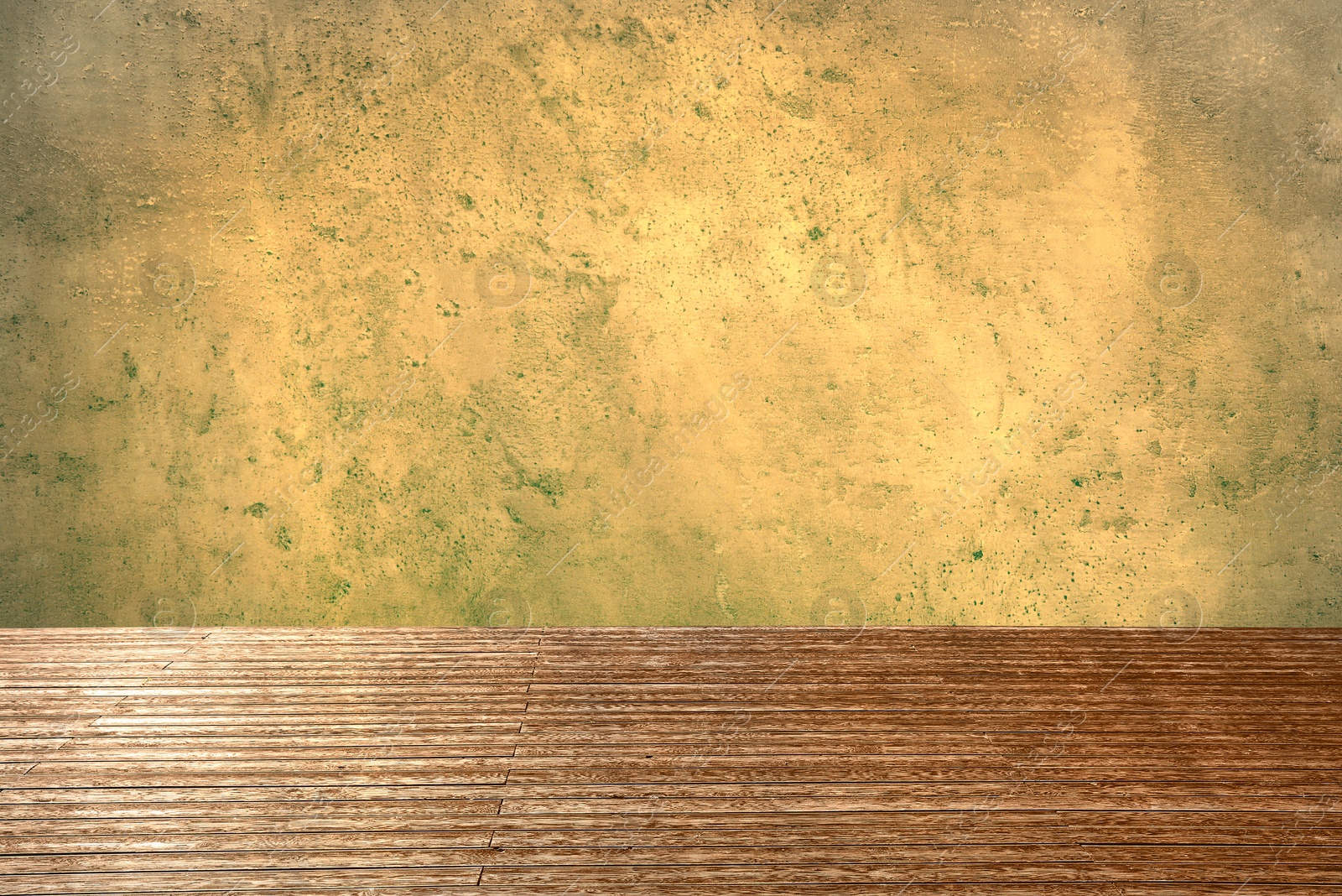 Image of Empty wooden floor and beige grey textured wall. Space for design