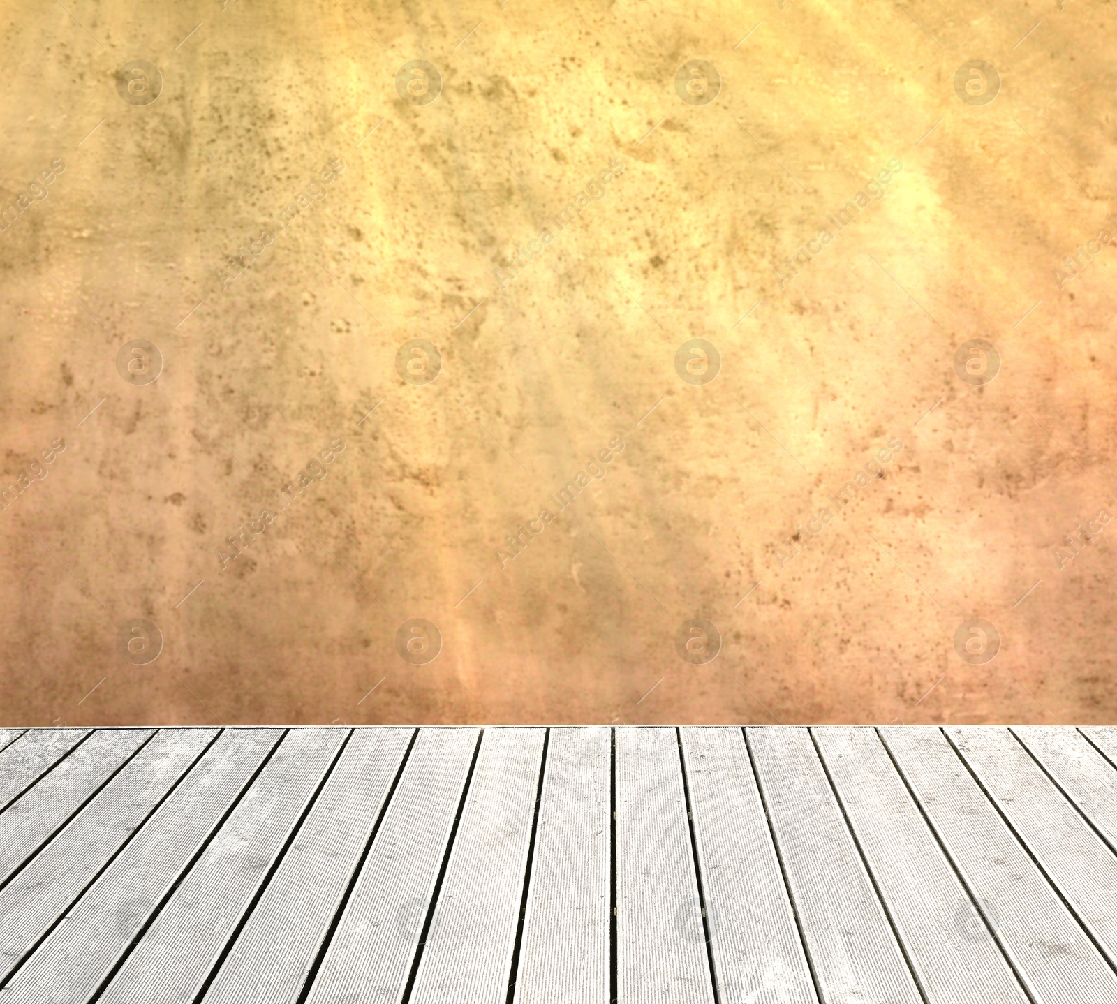 Image of Empty wooden floor and beige grey textured wall. Space for design