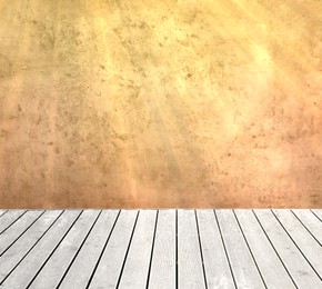 Image of Empty wooden floor and beige grey textured wall. Space for design