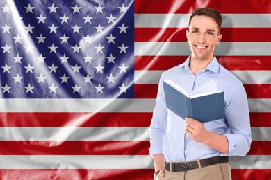 Image of Student or teacher with book against flag of USA. Language school