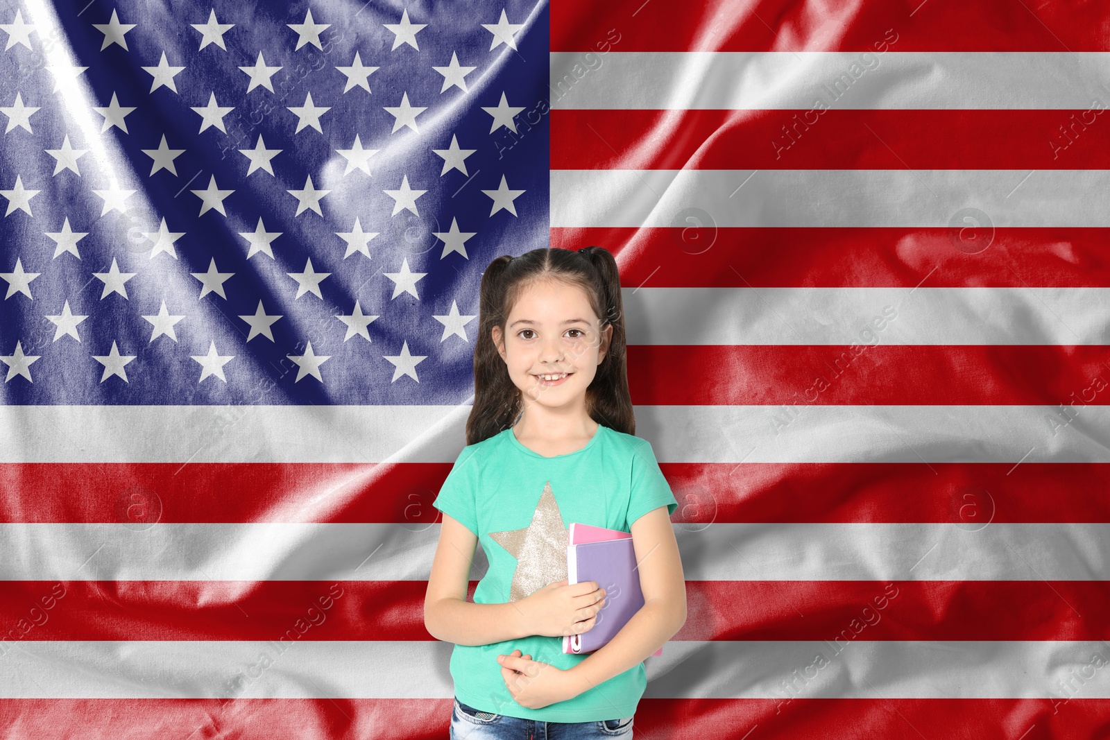 Image of Little girl with notebooks against flag of USA. Language school