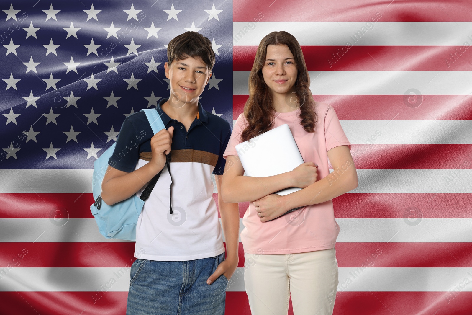 Image of Students against flag of USA. Language school