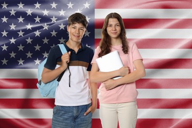 Image of Students against flag of USA. Language school