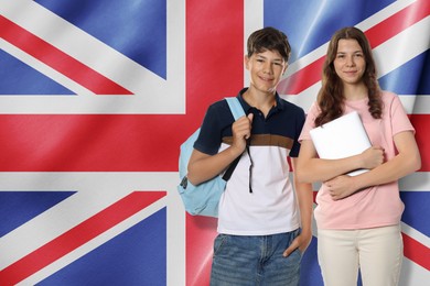 Image of Students against flag of United Kingdom. Language school