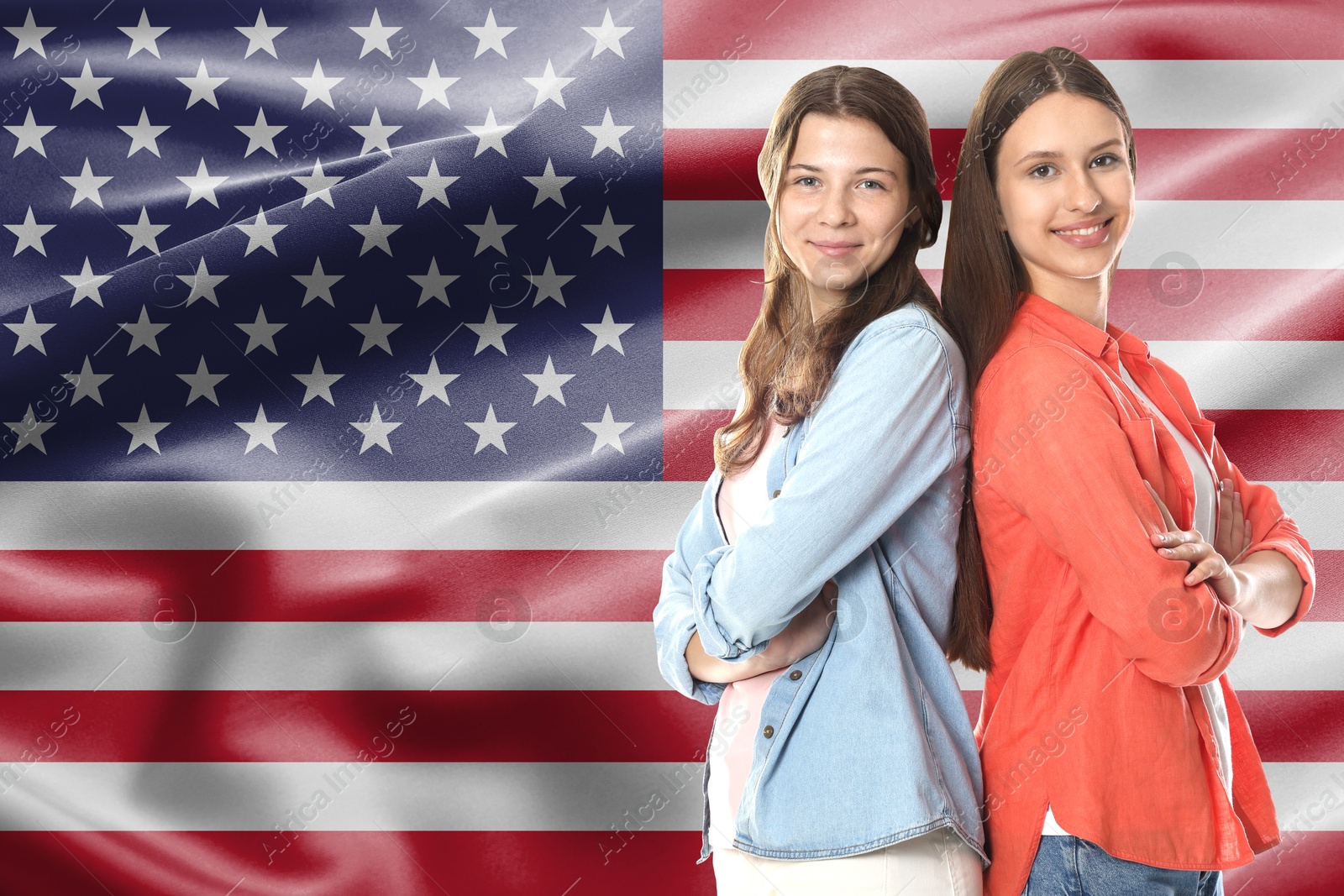 Image of Happy students against flag of USA. Language school