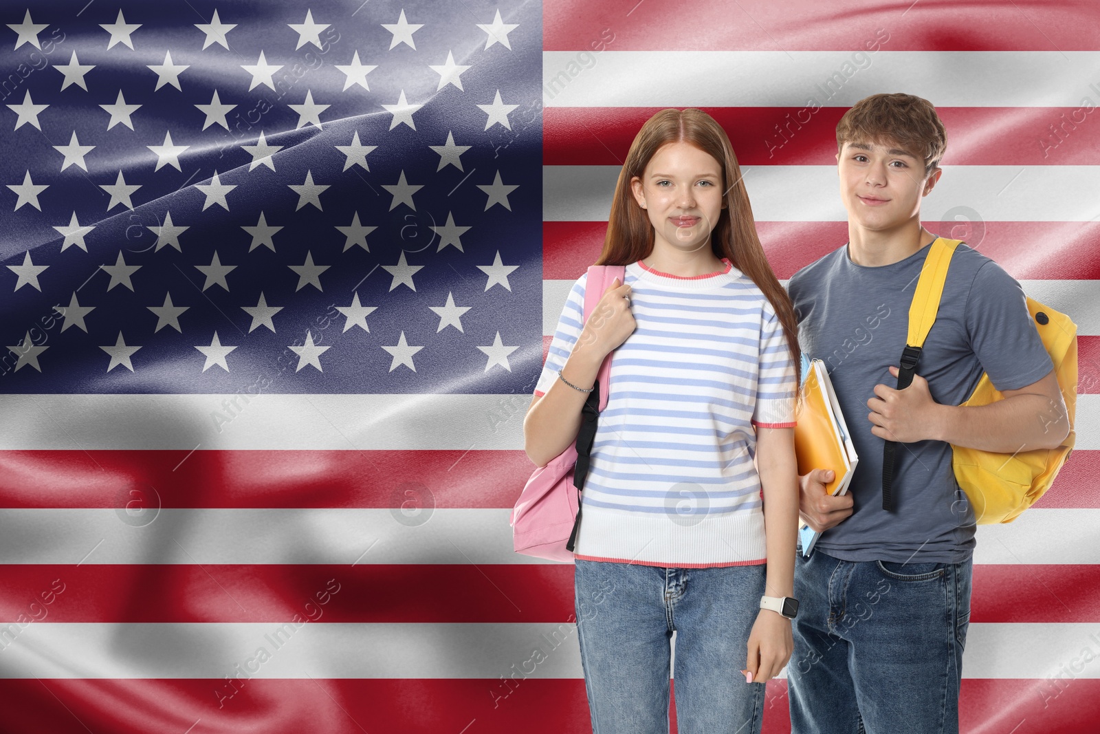 Image of Students with backpacks against flag of USA. Language school