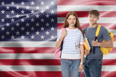 Image of Students with backpacks against flag of USA. Language school