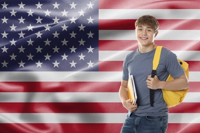 Image of Student with notebooks and backpack against flag of USA. Language school