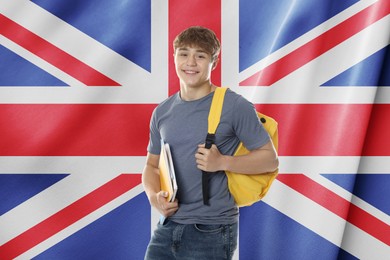 Image of Student with notebooks and backpack against flag of United Kingdom. Language school