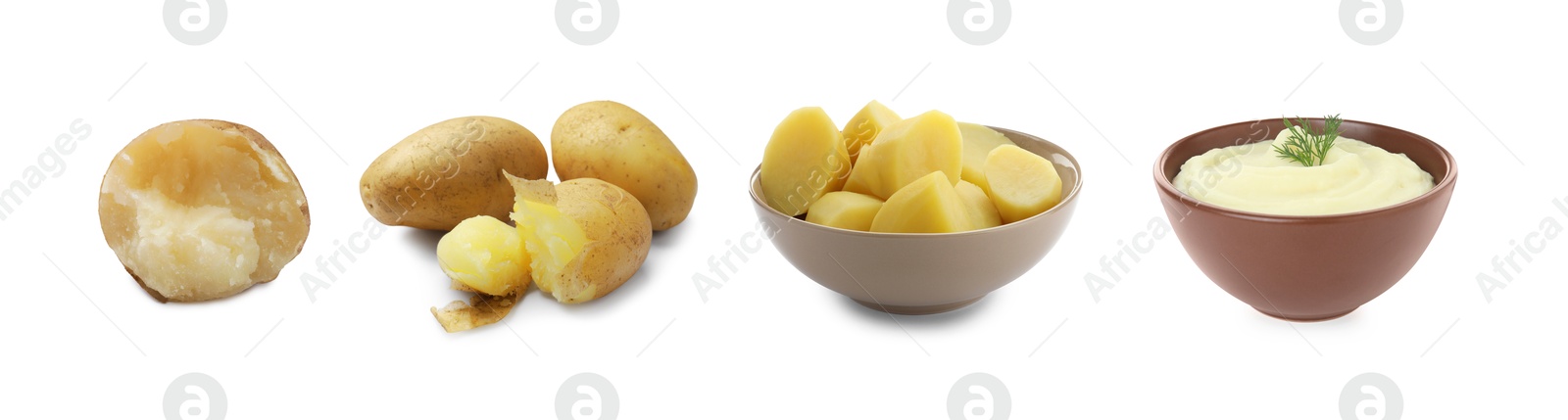 Image of Bland food taste. Baked, boiled and mashed potatoes isolated on white, set