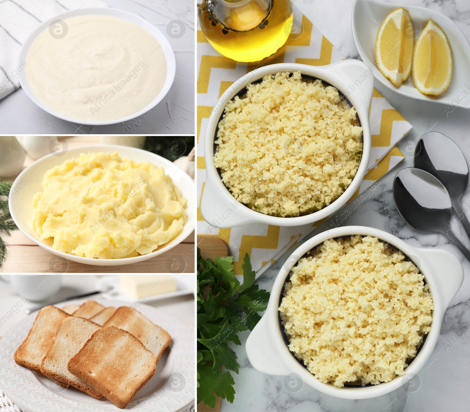 Collection of foods with bland taste combined into collage Image of Collection of foods with bland taste combined into collage