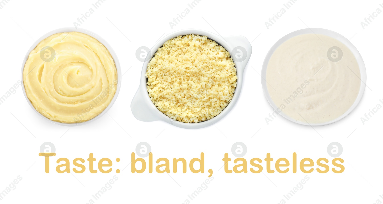 Image of Collection of foods with bland taste isolated on white, set. Top view