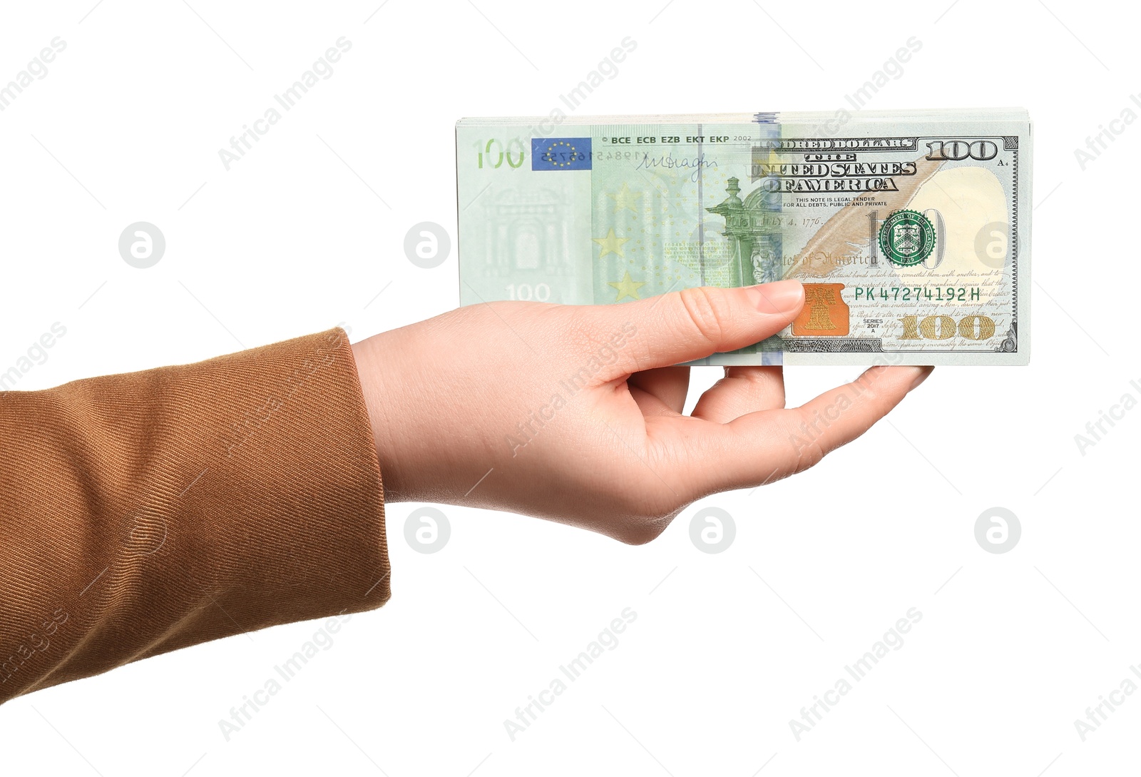 Image of Money exchange. Woman holding banknotes against white background, closeup. Upper bill changing from dollar to euro