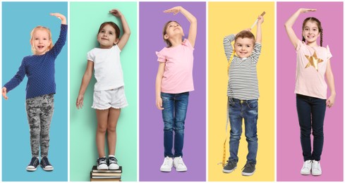 Image of Cute children measuring their heights near colorful backgrounds, collage of portraits