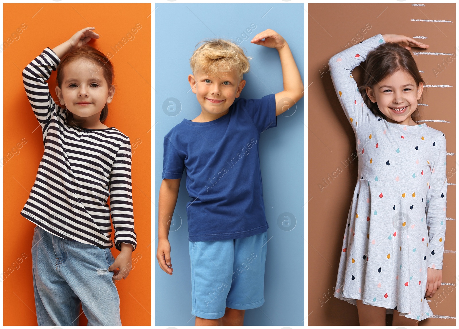 Image of Cute children measuring their heights near colorful walls, collage of portraits