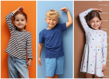 Image of Cute children measuring their heights near colorful walls, collage of portraits