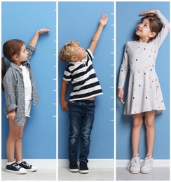 Image of Cute children measuring their heights near light blue wall, collage of portraits