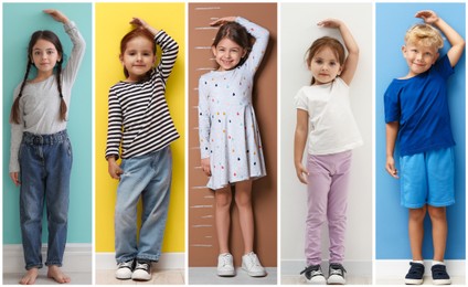 Image of Cute children measuring their heights near colorful walls, collage of portraits