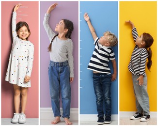 Image of Cute children measuring their heights near colorful walls, collage of portraits