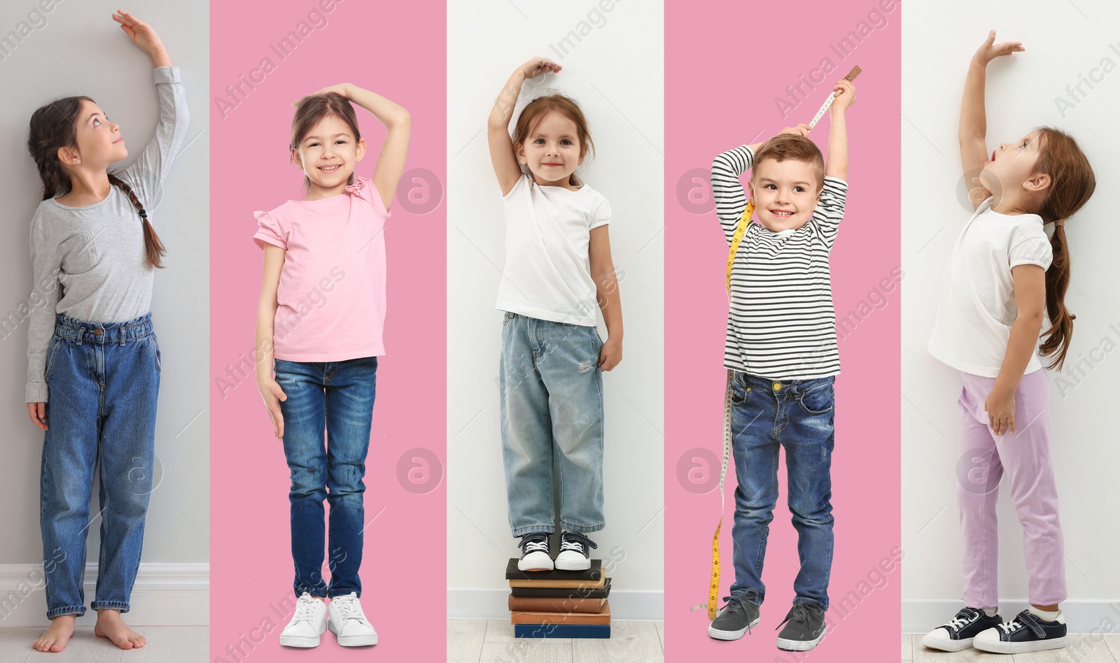 Image of Cute children measuring their heights near white wall and pink background, collage of portraits